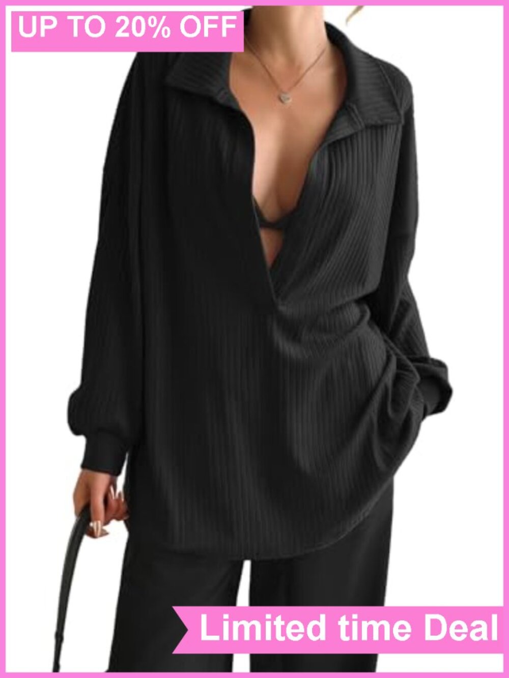 Oversized Deep V Neck Sweatshirt Collared Long Sleeve Ribbed Knit Pullover Top